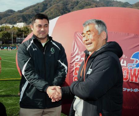 　試合終了後、握手をかわす京大・西村監督（左）と追手門学院大・水野総監督（撮影・坂部計介）