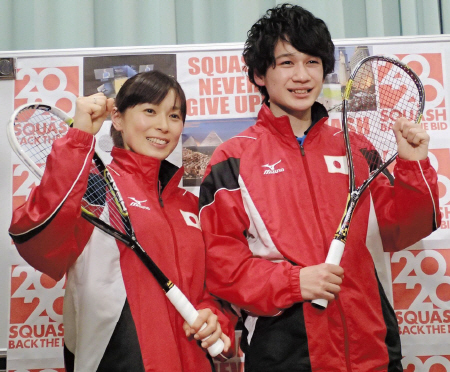 東京五輪での競技採用に向け意気込む松井千夏（左）と机龍之介＝岸記念体育館