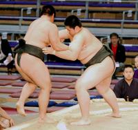 　横江<左>を寄り切り３連勝を挙げた琴鎌谷