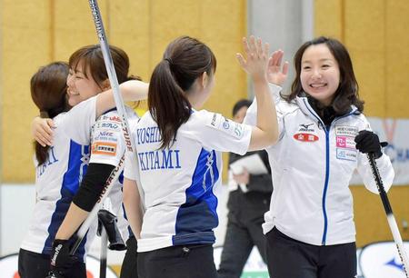 　優勝を決め喜ぶ藤沢（右端）らＬＳ北見の選手たち