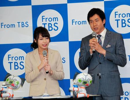 ＴＢＳ改編会見に出席したＴＢＳの石井大裕アナウンサー（右）と宇垣美里アナウンサーＴＢＳ