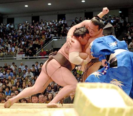 　稀勢の里（右）を寄り倒し、１敗で並んだ白鵬（撮影・佐藤厚）