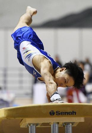 　男子種目別選手権トライアル　佐藤巧の跳馬＝国立代々木競技場