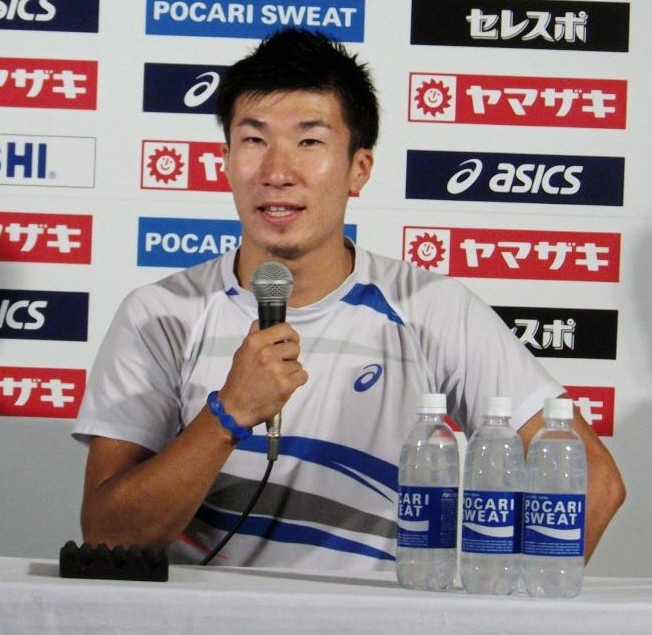 日本選手権への抱負を語る桐生祥秀＝名古屋市のパロマ瑞穂スタジアム