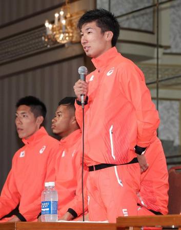 　陸上のリオ五輪代表メンバー発表会で、活躍を誓う桐生祥秀ら