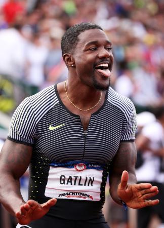 　陸上の全米選手権男子２００メートルで優勝し、喜ぶジャスティン・ガトリン＝米オレゴン州ユージン（ゲッティ＝共同）