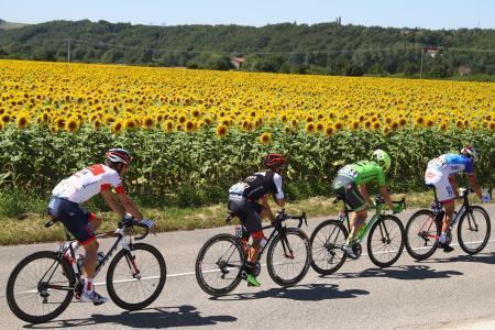 　ツール・ド・フランス、第１４ステージで力走する選手たち＝１６日、フランス・モンテリマール（ゲッティ＝共同）