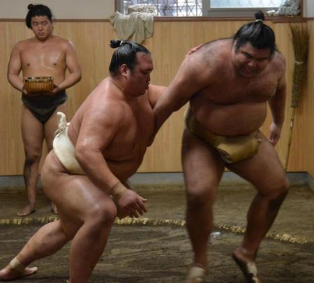 　高安（右）の背後に回って追い込む稀勢の里