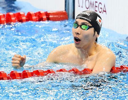 　男子５０メートル自由形（運動機能障害Ｓ９）決勝　３位となりガッツポーズの山田拓朗＝リオデジャネイロ（共同）