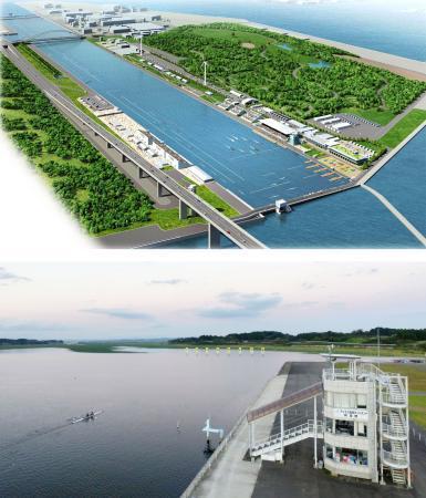 　海の森水上競技場の完成予想イメージ（上・東京都提供）と、宮城県登米市の長沼ボート場