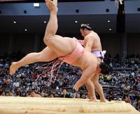 琴恵光（後方）に突き落としで敗れた宇良＝福岡国際センター