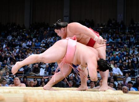 大栄翔（後方）に叩き込みで敗れた宇良和輝＝福岡国際センター（撮影・開出牧）