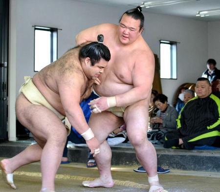 　高安（左）に土俵際まで追い込まれる稀勢の里