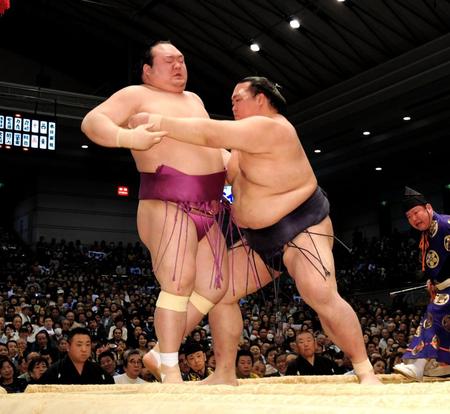 宝富士（左）を寄り切る稀勢の里（撮影・神子素慎一）