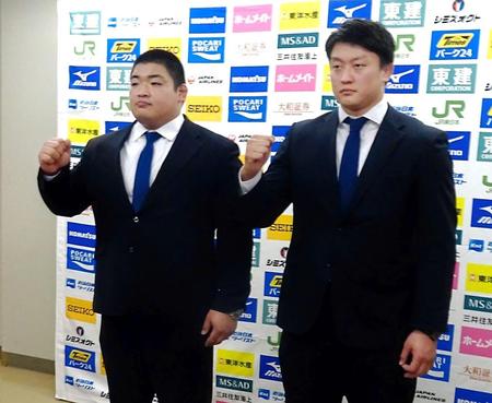 　全日本選手権に向けて意気込む王子谷剛志（左）と原沢久喜