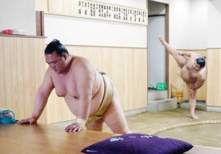 　患部強化のため腕立て伏せを行う稀勢の里。後方は四股を踏む高安