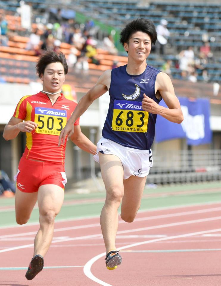 男子１００メートル準決勝　参考記録で９秒94をマークした多田修平（右）＝ＳｈｏｎａｎＢＭＷスタジアム平塚