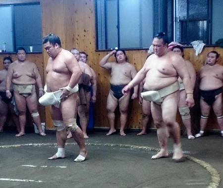 妙義龍（左）に寄り切られ、険しい表情の稀勢の里