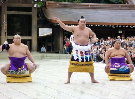 明治神宮で奉納土俵入りを行った日馬富士（中央）、左は宝富士、右は大翔丸