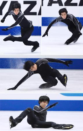 　ＮＨＫ杯の公式練習中、ジャンプの着氷に失敗し、転倒する羽生結弦（上左から右、下へ）。右足首を痛めたとみられ、練習を途中で切り上げた＝大阪市中央体育館