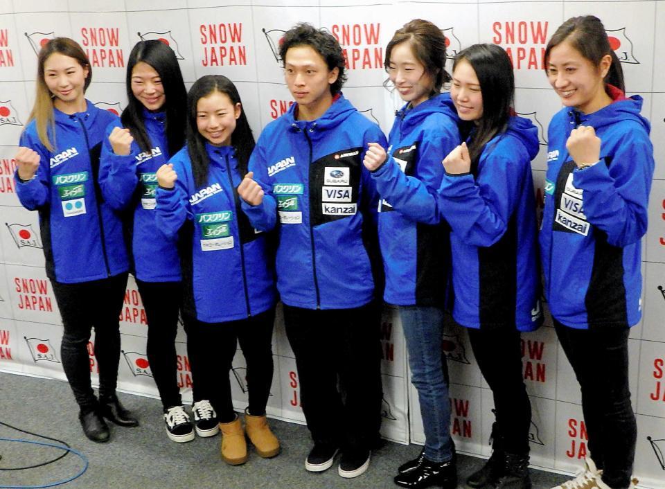 　スキー、スノボで平昌五輪代表に内定した（左から）藤森、冨田、今井、平野、鬼塚、松本、竹内