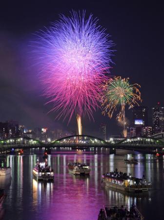 　夜空を鮮やかに彩る東京・隅田川の花火＝２０１６年７月