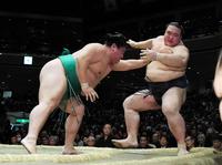 嘉風（左）が押し倒しで稀勢の里を破る＝両国国技館（撮影・堀内翔）