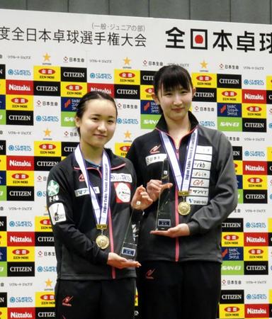 女子ダブルスで初優勝した伊藤（左）と早田