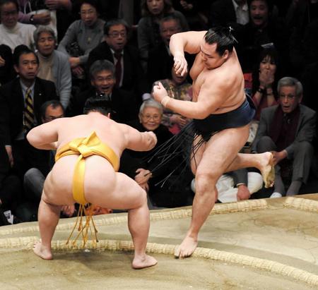 遠藤（左）に押し出された鶴竜＝両国国技館（撮影・棚橋慶太）