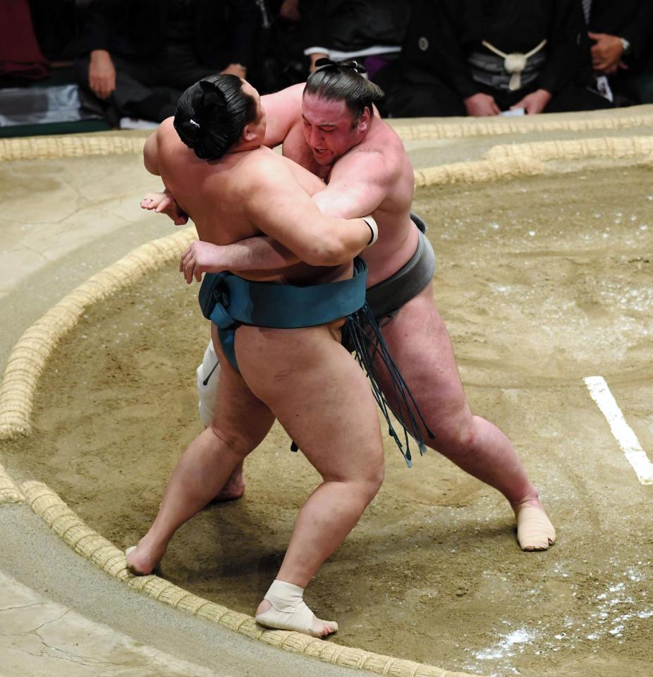 玉鷲（左）を寄り切りで破った栃ノ心＝両国国技館（撮影・棚橋慶太）