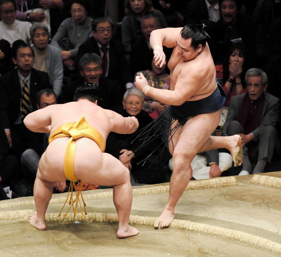 遠藤（左）に押し出された鶴竜＝両国国技館（撮影・棚橋慶太）