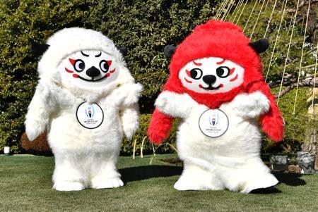 　発表されたラグビーの２０１９年Ｗ杯の大会公式マスコット。連獅子をモチーフにした紅白２体の「レンジー」。左が「レン」、右が「ジー」＝２６日午前、東京都港区
