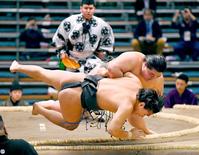 　寄り倒しで豊昇龍（下）を破る納谷