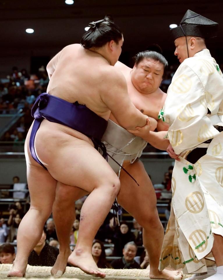 貴ノ岩（右）が寄り切りで大翔鵬に敗れる＝エディオンアリーナ大阪