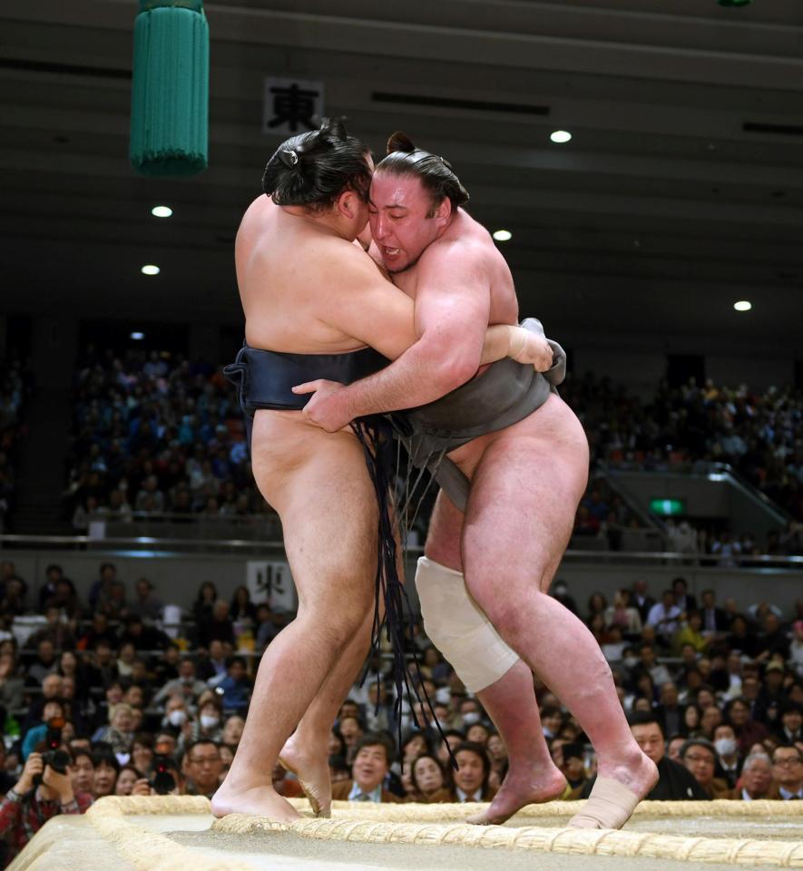 鶴竜（左）を寄り切りで破る栃ノ心＝エディオンアリーナ大阪（撮影・山口登）