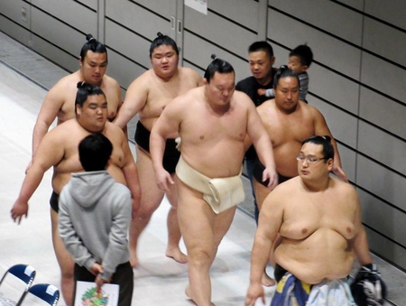 付け人に囲まれ稽古場に入る白鵬（中央）