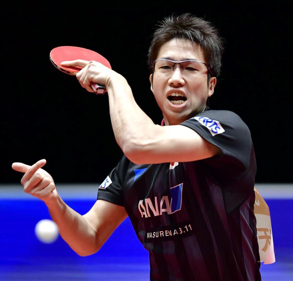 　男子１次リーグ　ベラルーシ戦でプレーする水谷隼＝ハルムスタード（共同）