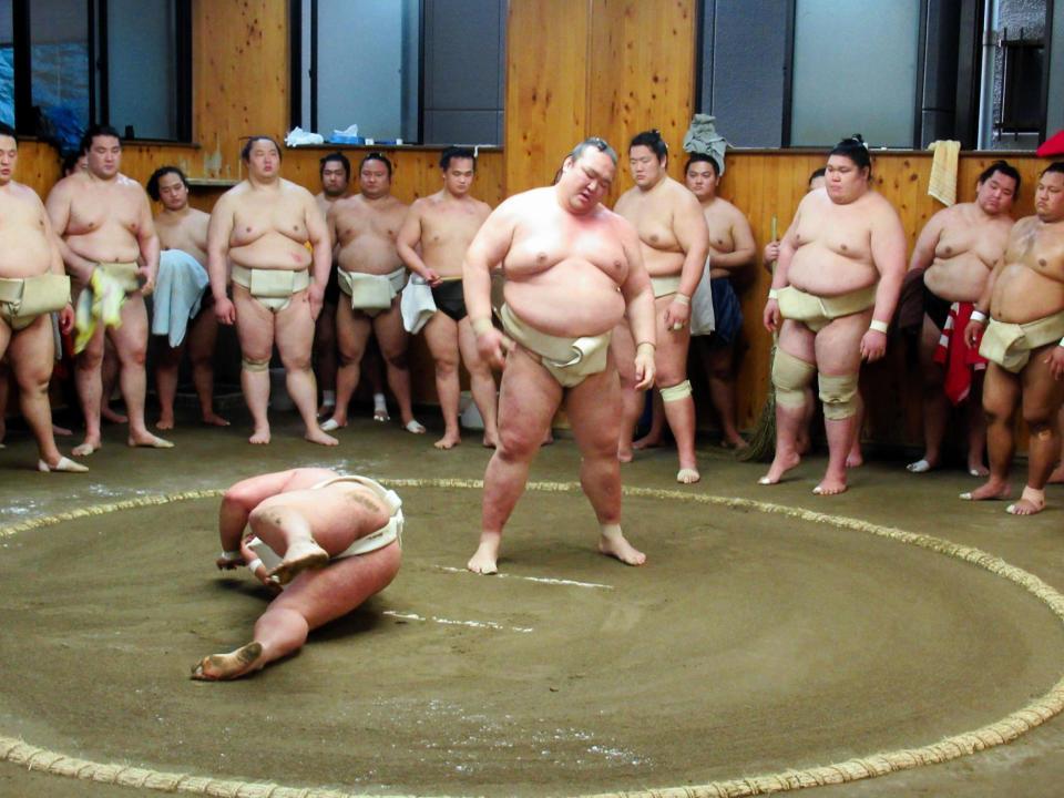 嘉風（左）を投げ飛ばし、険しい表情の稀勢の里