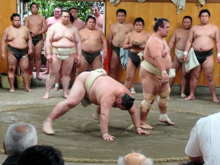 琴奨菊（右）に突き落とされバッタリ手を付く稀勢の里