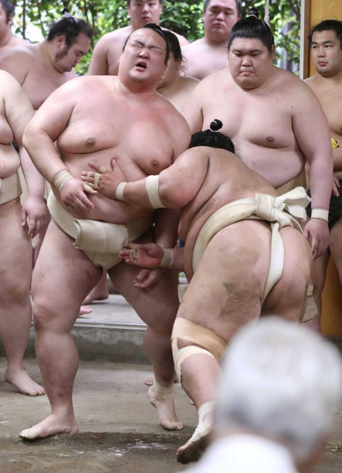 　琴奨菊（右）に寄り切られる稀勢の里