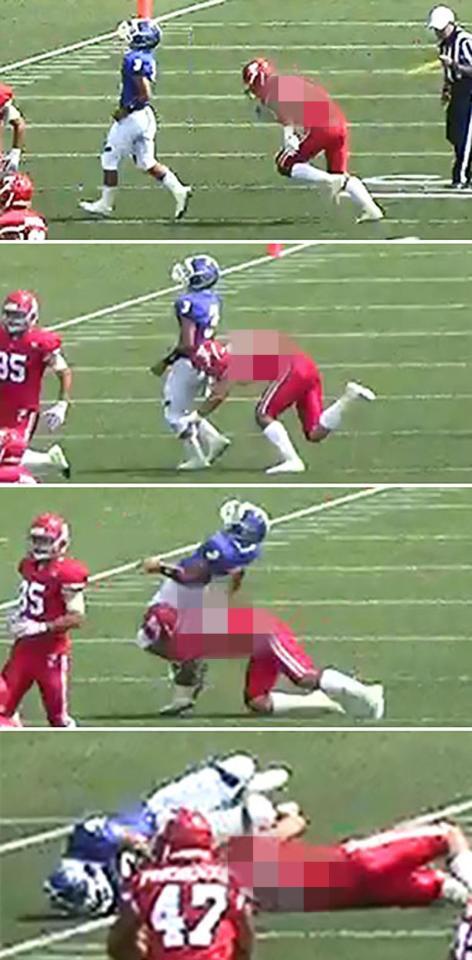 　６日に東京都内で行われた定期戦で、パスを投げ終えた関学大選手に背後からタックルする日大の選手（関学大提供・背番号をモザイク加工しています）