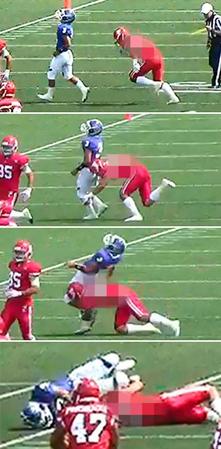 　　６日に東京都内で行われた定期戦で、パスを投げ終えた関学大選手に背後からタックルする日大の選手