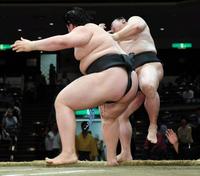 天一（右）を押し出す納谷＝両国国技館（撮影・棚橋慶太）