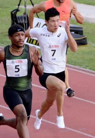 　男子１００メートル　１レース目、１０秒１３をマークした桐生祥秀（７）＝ベリンツォナ（共同）