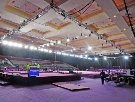 　予定までに設営が終わらず、公式練習が大幅に遅れたアジア大会の体操会場