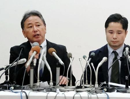 「速見佑斗氏処分に関する会見」を行った日本体操協会の山本宜史専務理事（左）と弁護士