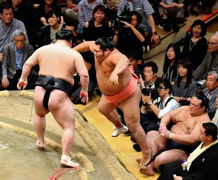 豪栄道（左）は押し出しで千代大龍（中央）を破る。千代大龍は稀勢の里（右）の足に着地してしまう＝両国国技館（撮影・中田匡峻）