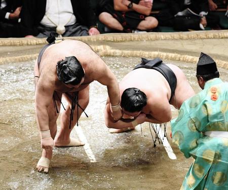 豪栄道（右）をかいなひねりで破った高安＝両国国技館（撮影・園田高夫）