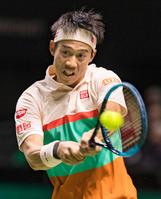 　シングルス１回戦　ピエールユーグ・エルベールを破った錦織圭（共同）