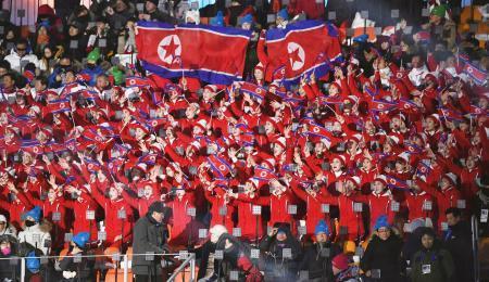 　平昌五輪の開会式会場のスタンドで、北朝鮮国旗を掲げる女性応援団＝２０１８年２月（共同）